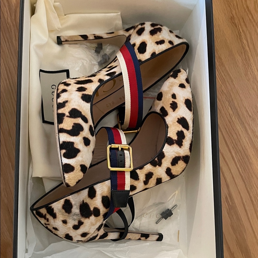 Sylvie Leopard Print Stiletto Heels with Red and Blue Straps - Picture 8 of 8